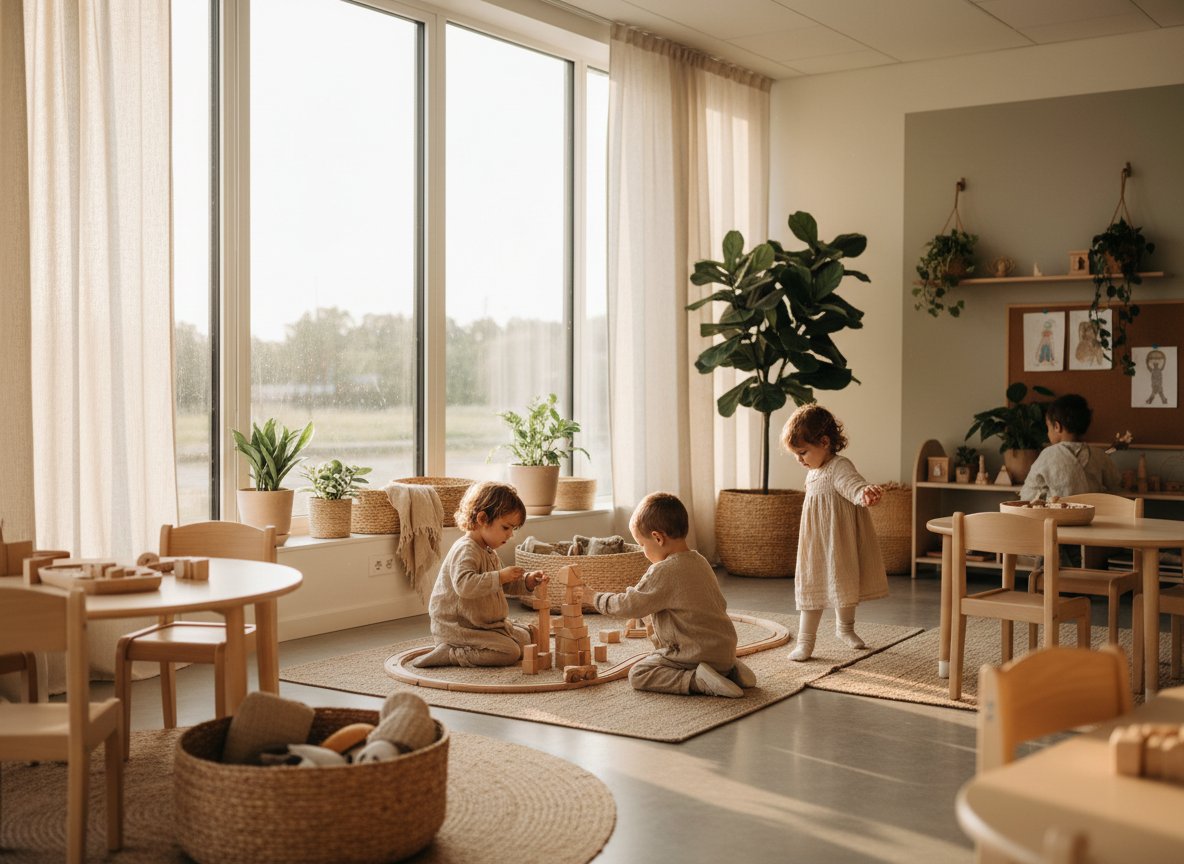Children exploring a bright, natural Reggio Emilia inspired play space